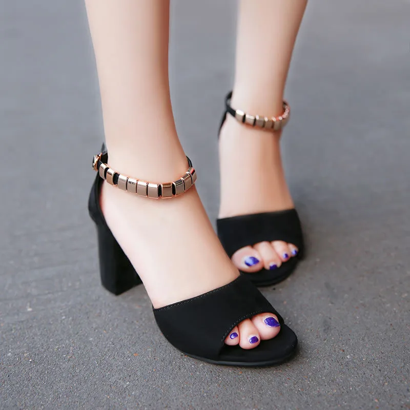 One Word Buckle Toe Sandals Women Korean Style Thick Heel Black - Shop at LoveMi