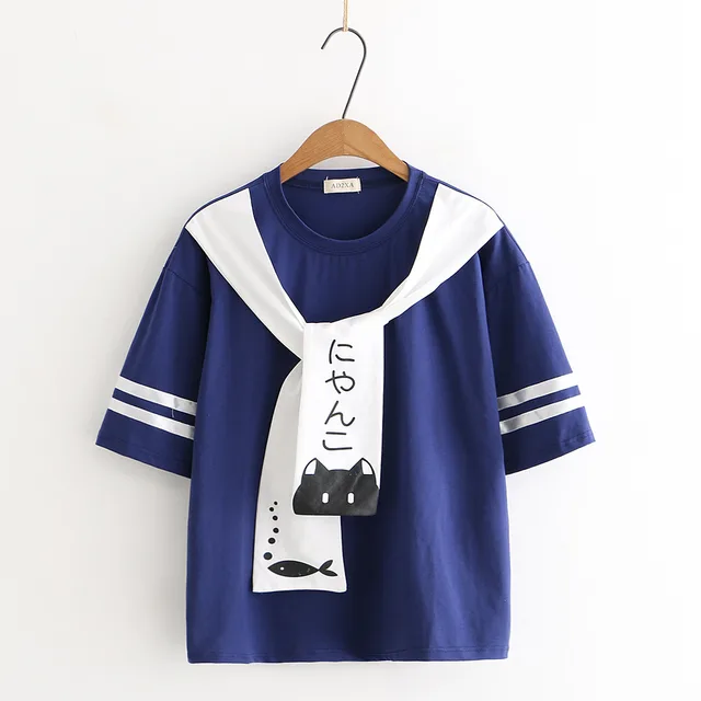 Navy Shawl Cartoon Cat Print Round Neck Short sleeved T shirt Navy Blue - Shop at LoveMi
