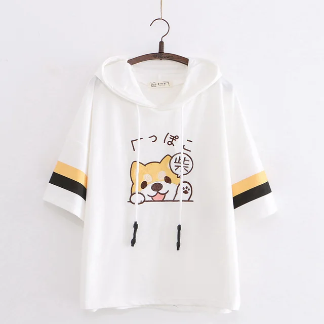 Ollege Style Summer Coat Cartoon Puppy Embroidery Hooded Short sleeved White - Shop at LoveMi