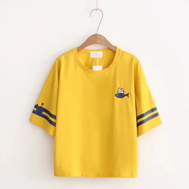 Cute Cartoon Cat Eating Fish Embroidery Round Neck Pullover Short Sleeve T shirt Women Yellow - Shop at LoveMi
