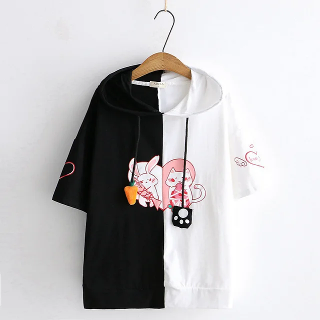 Summer College Wind Cartoon Around Fight Peach Heart Cat Hooded Short sleeved T shirt Female Student Shirt Black - Shop at LoveMi