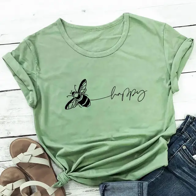 Bee Print T Shirt Round Neck Short Sleeved T Shirt Olive Green - Shop at LoveMi