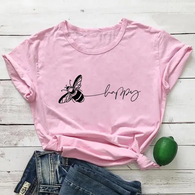 Bee Print T Shirt Round Neck Short Sleeved T Shirt Pink - Shop at LoveMi