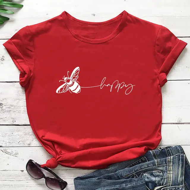 Bee Print T Shirt Round Neck Short Sleeved T Shirt Red - Shop at LoveMi