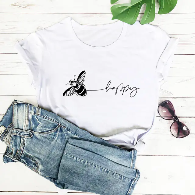 Bee Print T Shirt Round Neck Short Sleeved T Shirt White - Shop at LoveMi