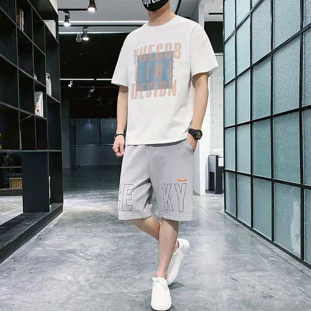 Summer New Men's Thin Suit Round Neck T shirt A Set Of Two piece Student Sports Two piece Five point Pants Style B - Shop at LoveMi
