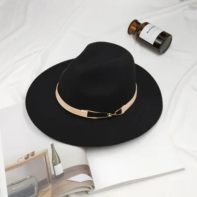 Metal Buckle Cone Top Flat Brim Woolen Hat Black - Shop at LoveMi