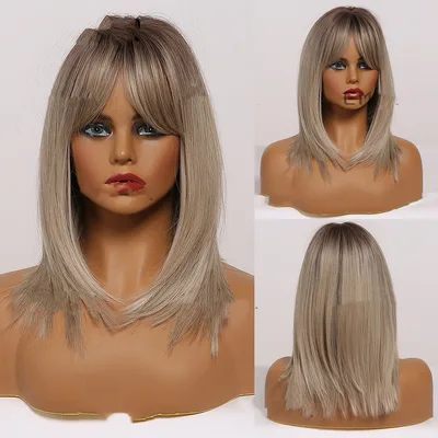 Wig, Eight character Bangs, Gradient Golden High grade Gray Medium Straight Hair Blond - Shop at LoveMi
