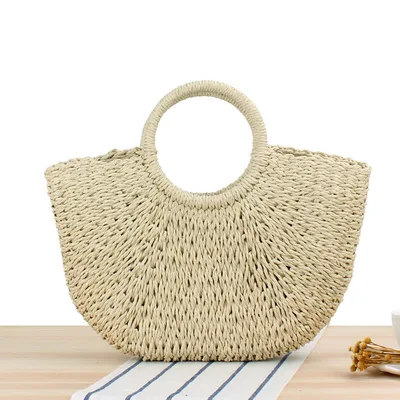 Retro Woven Bag Women's Simple Handbag Summer Travel Vacation Beach Bag Photo Art Rattan Shoulder Bag Beige - Shop at LoveMi