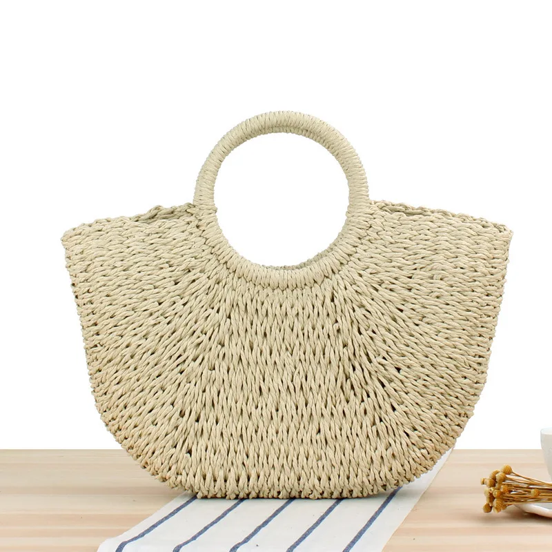 Retro Woven Bag Women's Simple Handbag Summer Travel Vacation Beach Bag Photo Art Rattan Shoulder Bag - Beige