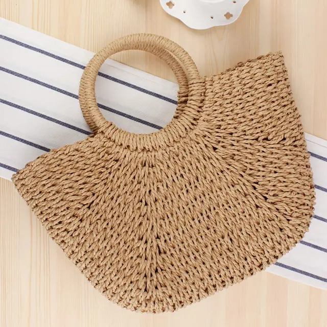 Retro Woven Bag Women's Simple Handbag Summer Travel Vacation Beach Bag Photo Art Rattan Shoulder Bag Camel - Shop at LoveMi