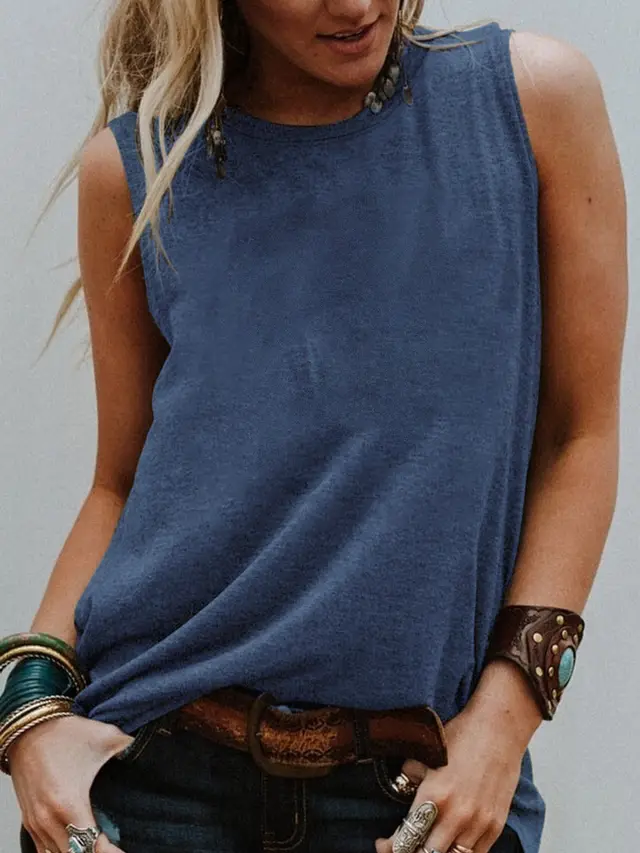 Women's Loose Casual Solid Color Sleeveless Vest Blue - Shop at LoveMi
