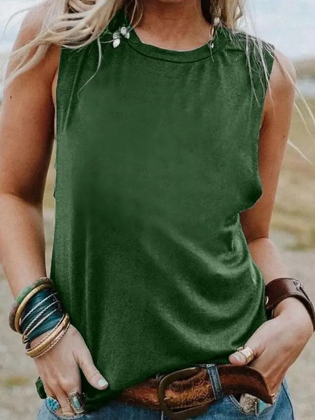 Women's Loose Casual Solid Color Sleeveless Vest Green - Shop at LoveMi