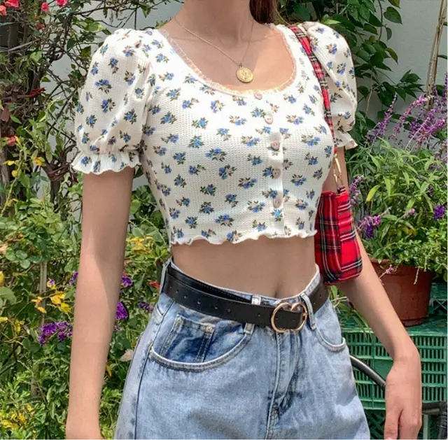 Floral Fungus Lace Side Neck Puff Sleeve Crop T shirt White - Shop at LoveMi