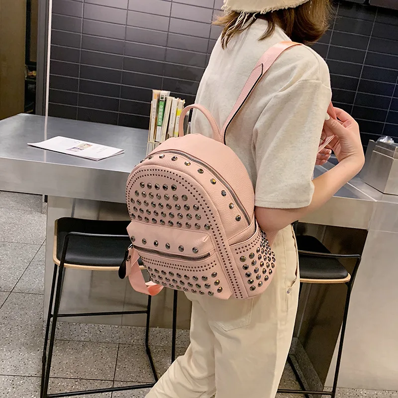 Rivet Soft Leather Sense Solid Color Backpack Casual Ladies Backpack Trend Pink - Shop at LoveMi
