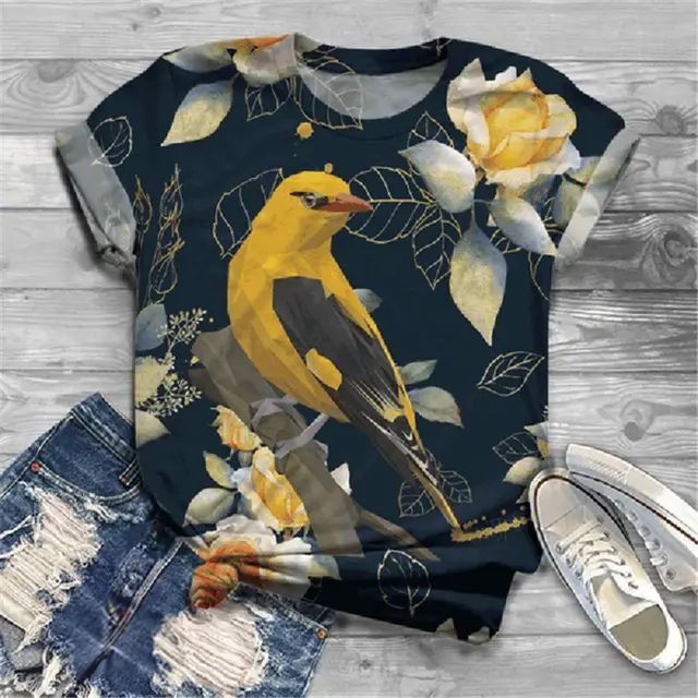 Fashion Short sleeved T shirt Flower And Bird Animal Print Summer Loose Top Black - Shop at LoveMi