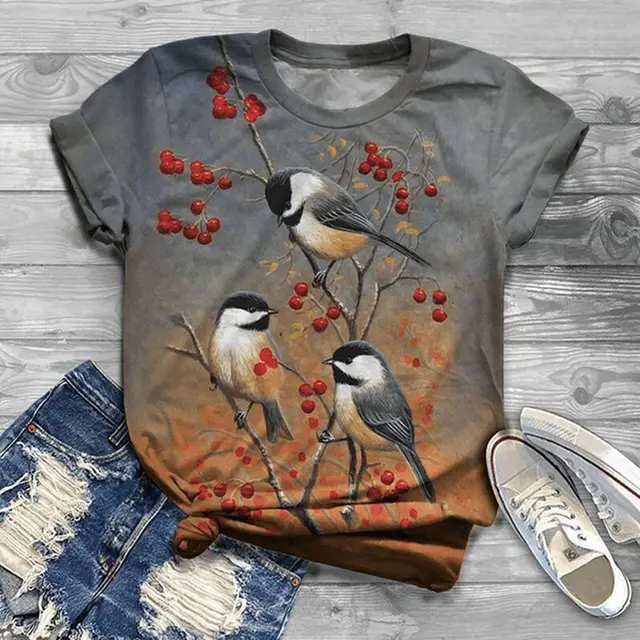 Fashion Short sleeved T shirt Flower And Bird Animal Print Summer Loose Top Grey - Shop at LoveMi