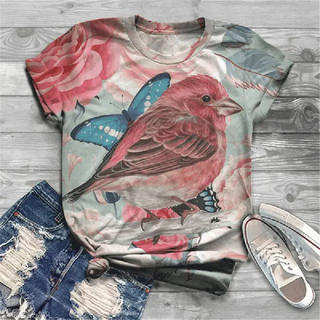 Fashion Short sleeved T shirt Flower And Bird Animal Print Summer Loose Top Pink - Shop at LoveMi