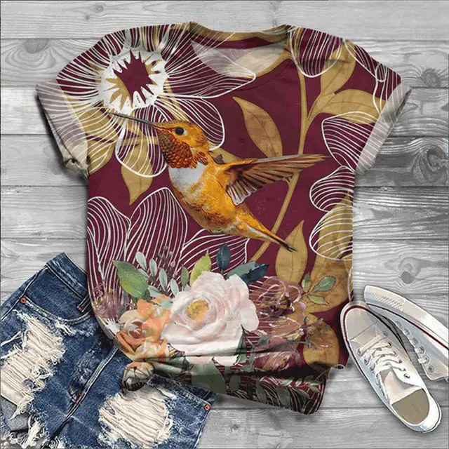 Fashion Short sleeved T shirt Flower And Bird Animal Print Summer Loose Top Purple - Shop at LoveMi