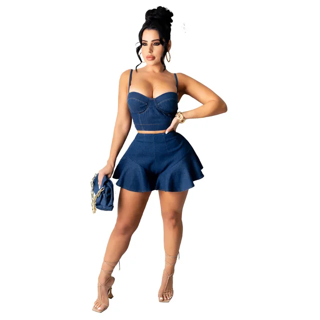 Beyprern Runway Medium Denim Straps Crop Top And High Waist Blue - Shop at LoveMi