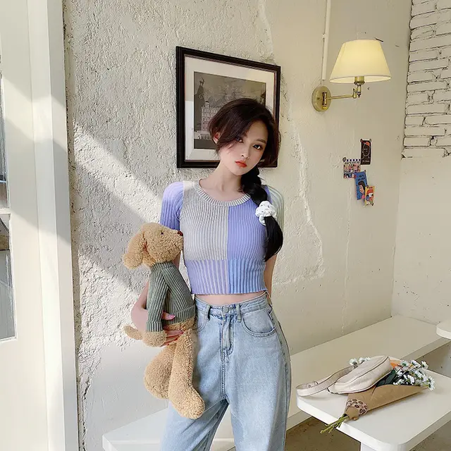 Large Size Color Matching Thin Short sleeved Knitted T shirt Female Fat Blue - Shop at LoveMi