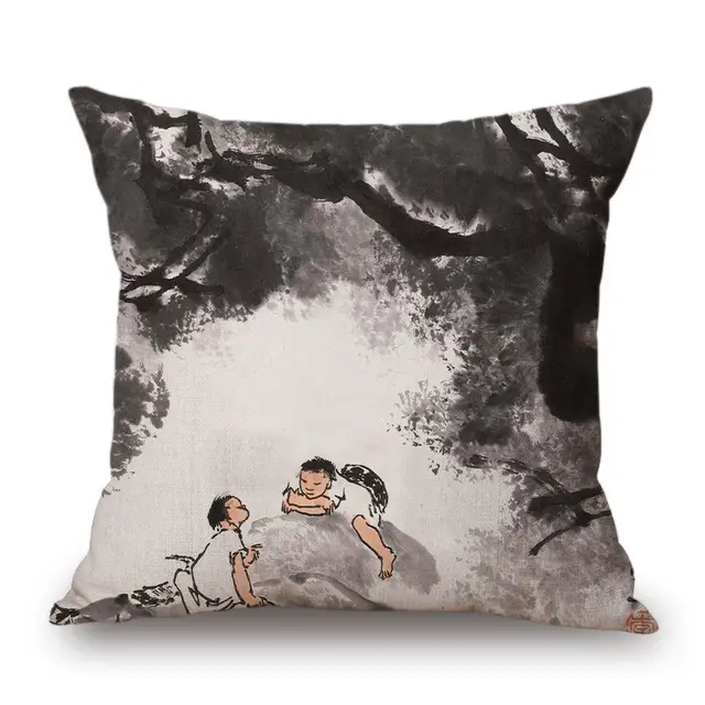 Retro Ink Painting Cushion Cover Chinese - Shop at LoveMi