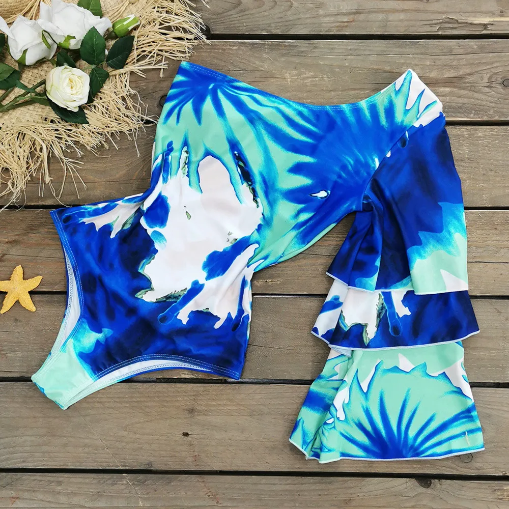 One shoulder Long sleeved Flashing One piece Swimsuit Women High Waist Printed Tie dye Blue - Shop at LoveMi