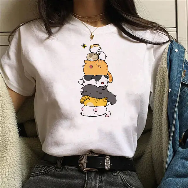 Cartoon Cat Print Ladies Short Sleeve 8 Style - Shop at LoveMi