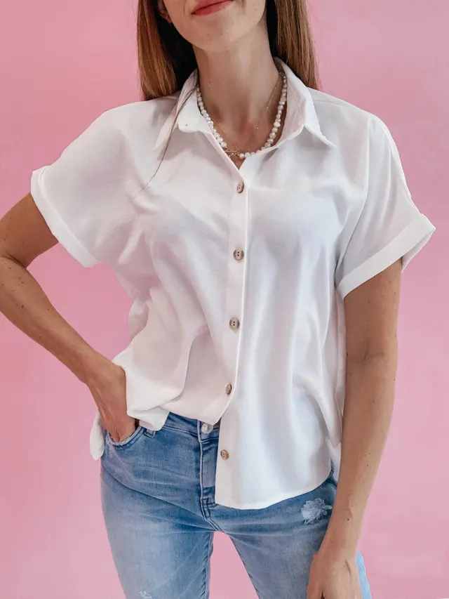 Summer Solid Color Short Sleeved High Elastic Wrinkle Single Breasted Shirt Collar Top White - Shop at LoveMi