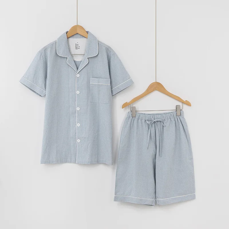 Cotton Pajamas Thin Style Home Service Suit Shorts Plaid Blue - Shop at LoveMi