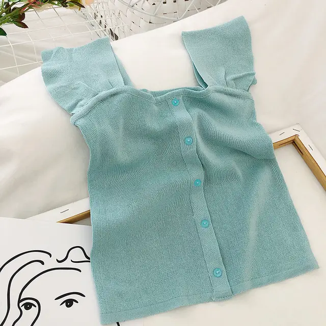 Lapel Exposed Clavicle Single breasted Knitted Vest Net Suspenders Blue - Shop at LoveMi