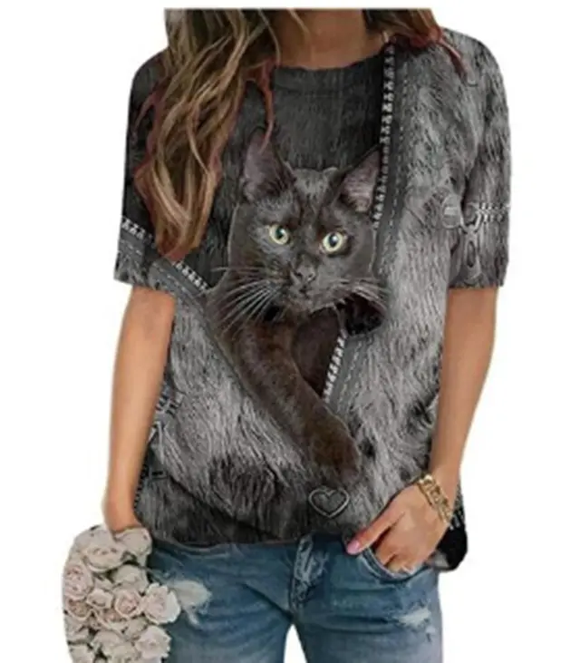 Cartoon Zipper Cat Print Casual O neck Short Sleeves Black - Shop at LoveMi