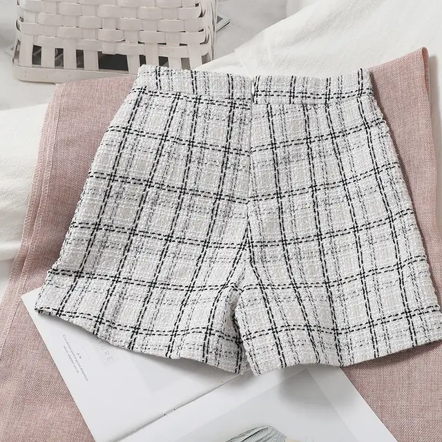 Versatile Age Reducing Irregular Plaid Skirt Pants Korean Version High Waist Tweed Shorts Wide Leg Pants Straight Pants White - Shop at LoveMi