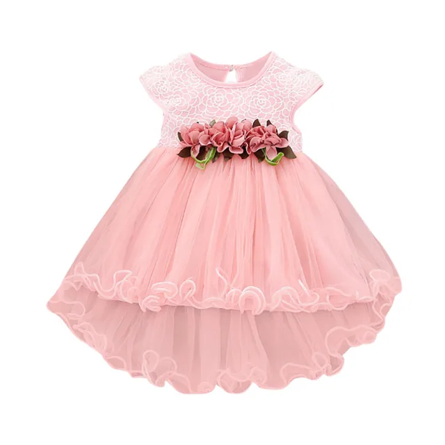 New Summer Korean Cotton Short sleeved Girls Dress Flower Net Yarn Princess Dress Four color Optional Children's Skirt Pink - Shop at LoveMi