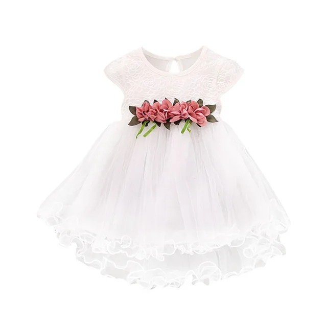 New Summer Korean Cotton Short sleeved Girls Dress Flower Net Yarn Princess Dress Four color Optional Children's Skirt White - Shop at LoveMi