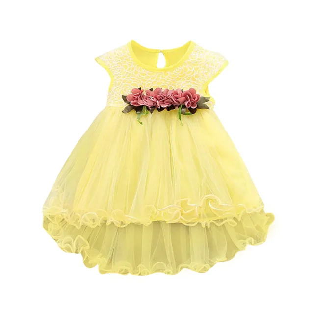 New Summer Korean Cotton Short sleeved Girls Dress Flower Net Yarn Princess Dress Four color Optional Children's Skirt Yellow - Shop at LoveMi