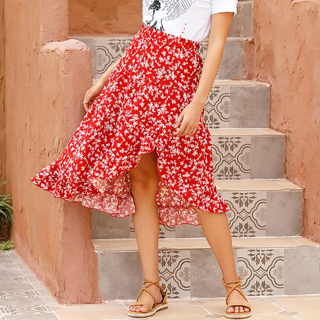 Chiffon Floral Skirt Women Wine Red - Shop at LoveMi