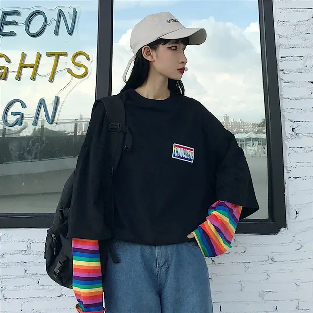 Rainbow Stripes Fake Two Long Sleeves Black - Shop at LoveMi