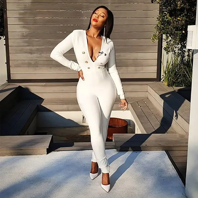 Slim Long Sleeve Deep V Double Breasted Gown White - Shop at LoveMi