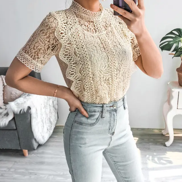 Crochet Lace Short sleeved Casual Top Beige - Shop at LoveMi
