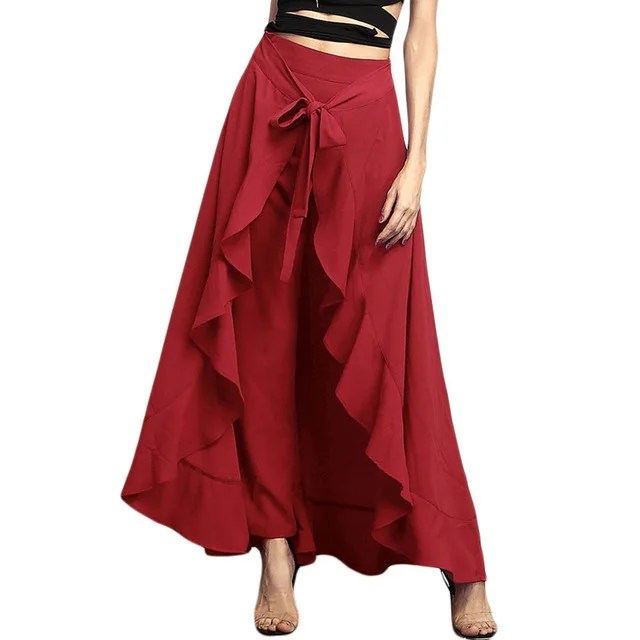 Women Pants Causal Ruffle Drawstring Trouser Red - Shop at LoveMi
