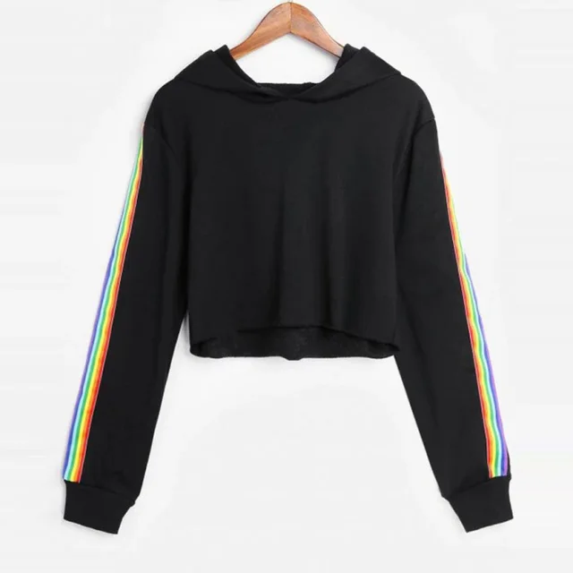 Sweatshirts Female Hoodie Rainbow Striped Crop Sweatshirt Ho Hooded Tops - Shop at LoveMi