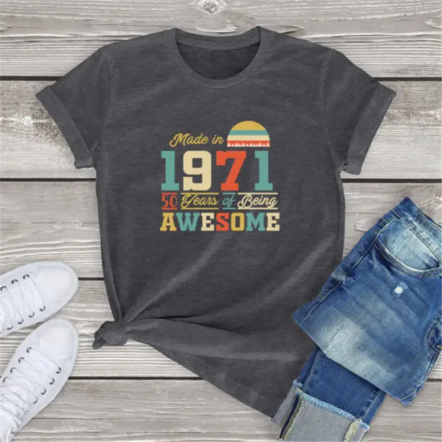 Flower Figure Round Neck Cotton Top Summer Short sleeved T shirt Dark Grey - Shop at LoveMi