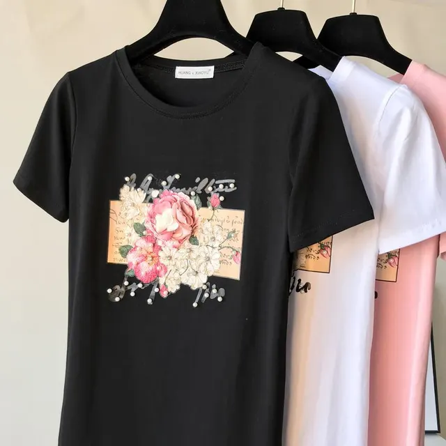 Beaded Sequins Flower Print Short Sleeved T Shirt Women Fashion Top Black - Shop at LoveMi
