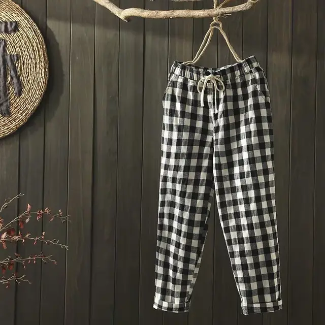Women's Literary Simple Lattice Casual Ninth Pants Big Grid - Shop at LoveMi
