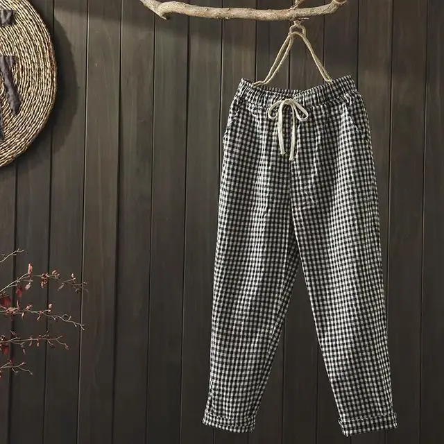 Women's Literary Simple Lattice Casual Ninth Pants Small Grid - Shop at LoveMi