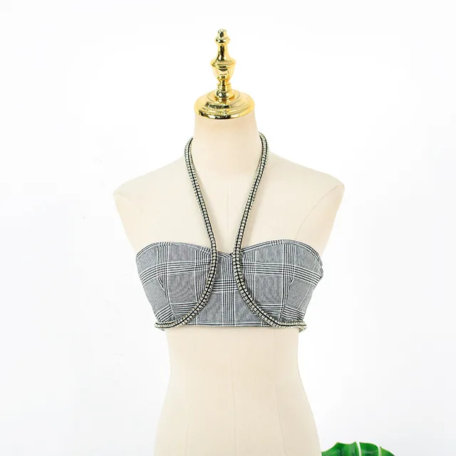 Halter Tube Top With Umbilical Strap High waist Plaid Wide leg Trousers With Diamonds Grey - Shop at LoveMi