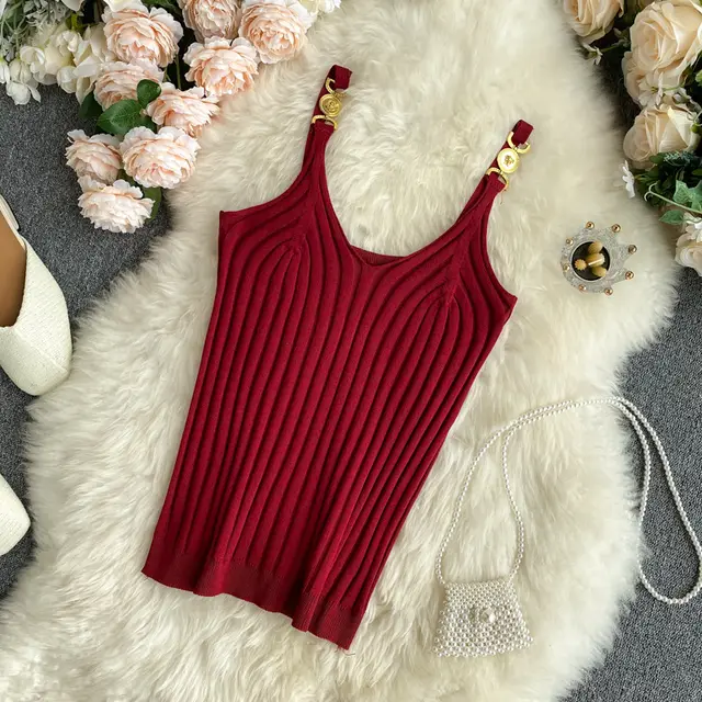 Women's Vest Sling Summer Outer Wear With Metal Buckle Sling V Neck Slim Slimming Bottoming Sleeveless Top Red - Shop at LoveMi