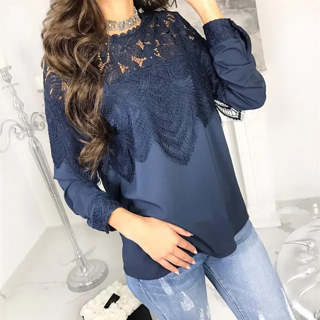 Sexy Lace Splicing Round Neck Long Sleeve Top Women's Wear Bottom Coat Blue - Shop at LoveMi