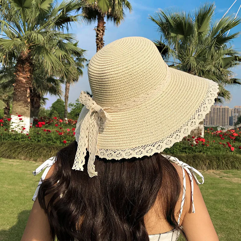 New Summer Women's Korean Version Of Gauze And Bowknot Straw Hat Beige - Shop at LoveMi